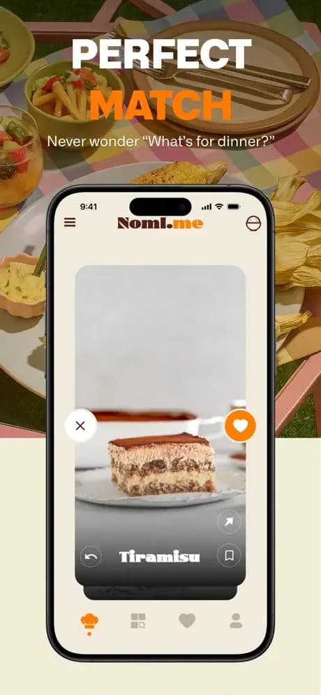Swipe screen: like or skip a recipe card, here a tiramisu.